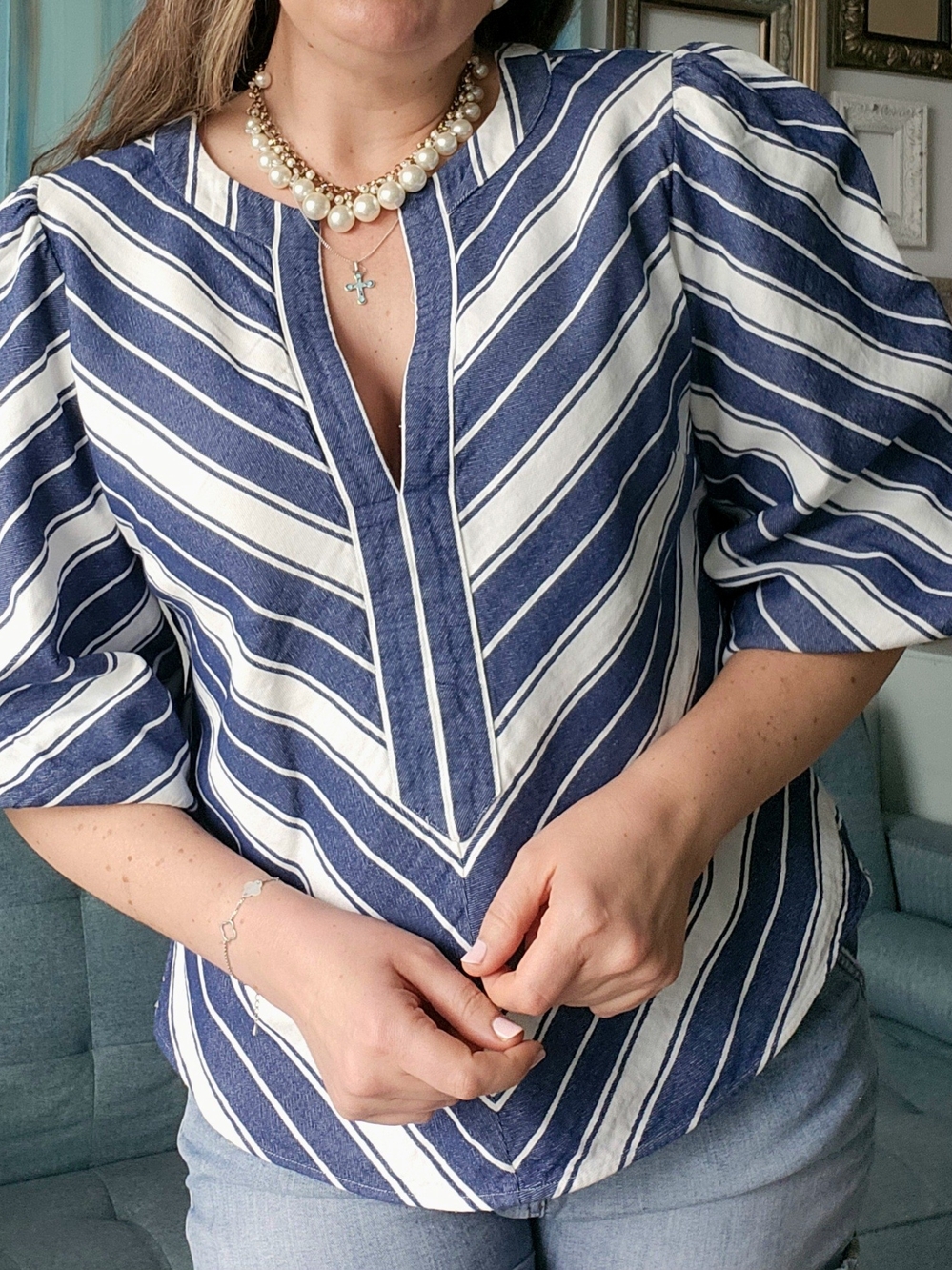 kate spade Navy and White Striped V-Notch Puff Sleeve Top
